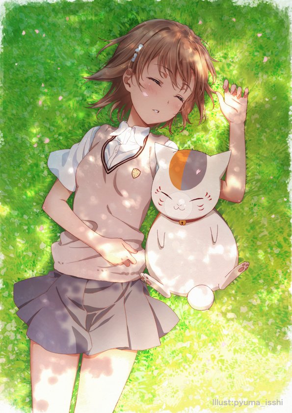 misaka mikoto and nyanko-sensei (toaru majutsu no index and 2 more) drawn by isshi_pyuma