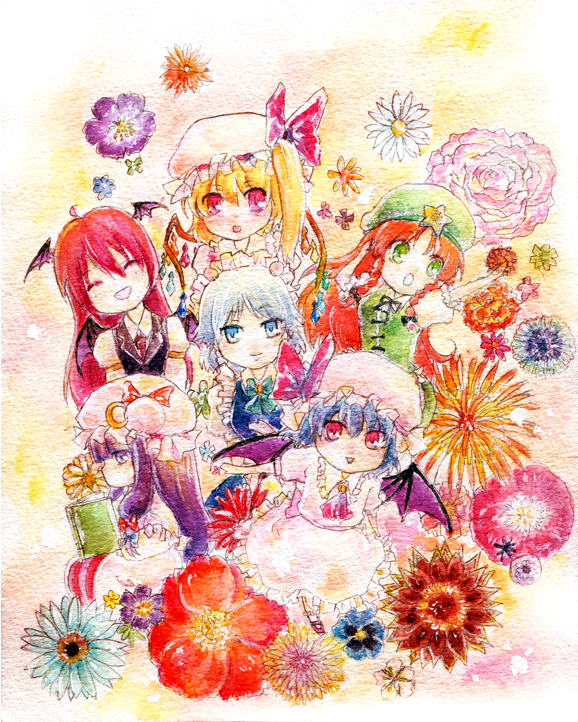remilia scarlet, flandre scarlet, izayoi sakuya, patchouli knowledge, hong meiling, and 1 more (touhou) drawn by satozaki_mutou