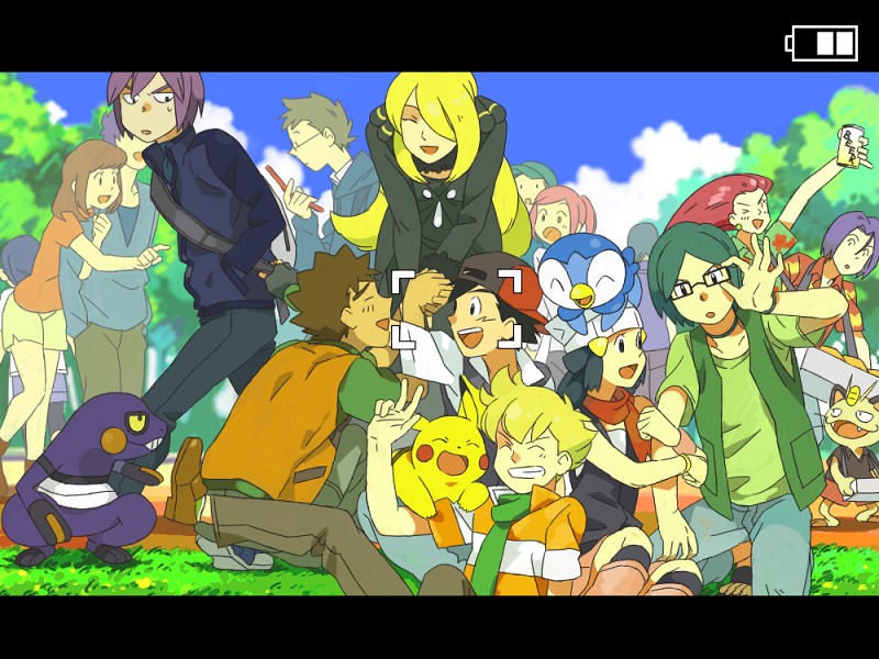 pikachu, dawn, cynthia, ash ketchum, piplup, and 8 more (pokemon and 1 more) drawn by taoru_(t_kiji)