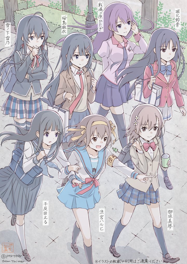 suzumiya haruhi, misaka mikoto, senjougahara hitagi, chitanda eru, yukinoshita yukino, and 3 more (toaru majutsu no index and 6 more) drawn by ptrtear