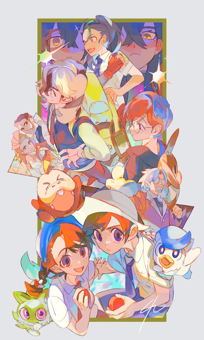 kieran, juliana, carmine, florian, sprigatito, and 8 more (pokemon and 1 more) drawn by senzzang