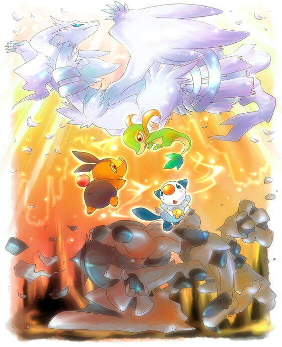 oshawott, snivy, tepig, reshiram, and zekrom (pokemon) drawn by kirikaze_(mugimikan)