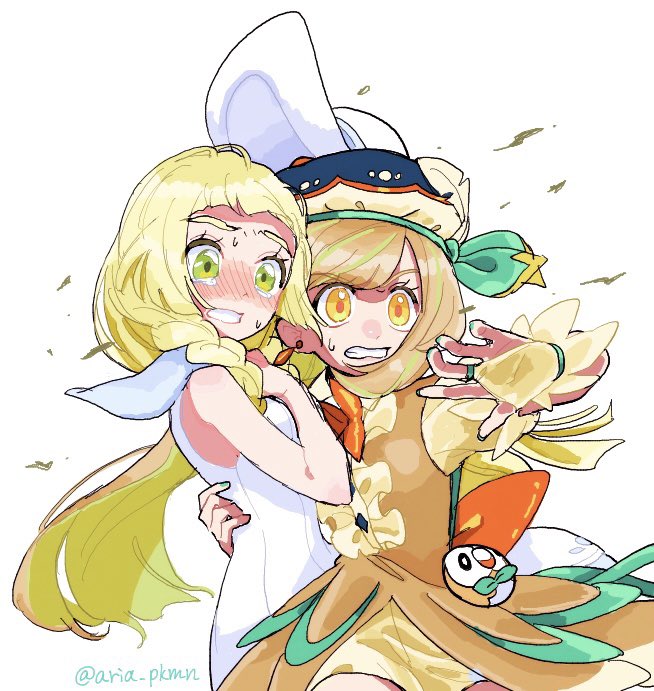 lillie, selene, rowlet, and decidueye (pokemon and 2 more) drawn by aria_pkmn
