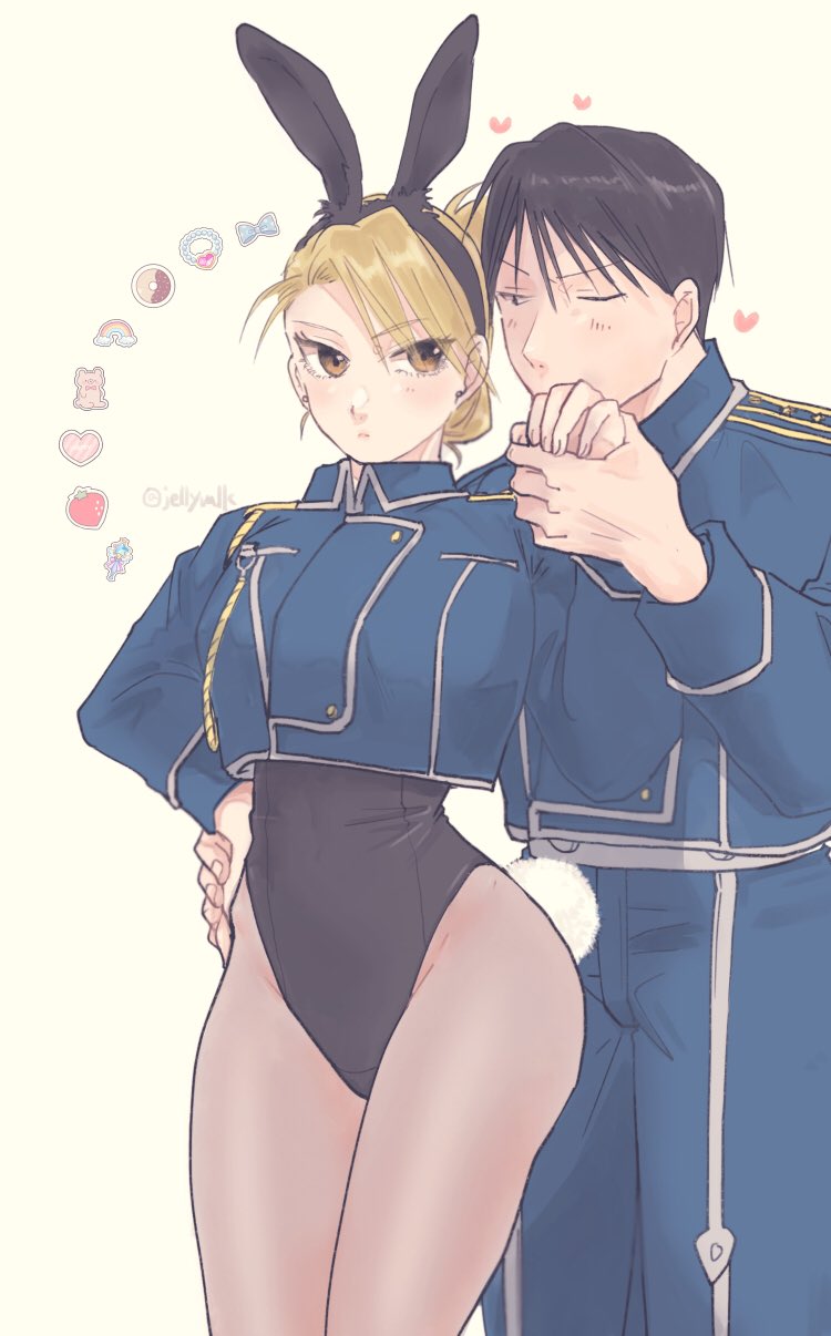 riza hawkeye and roy mustang (fullmetal alchemist) drawn by jellymlk