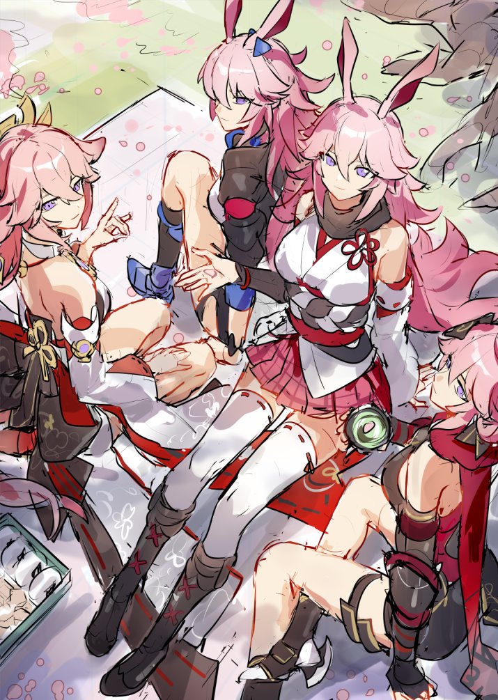 yae miko, yae sakura, sakura ayane, yae kasumi, and du mingya (genshin impact and 3 more) drawn by grape_(grapedraws)