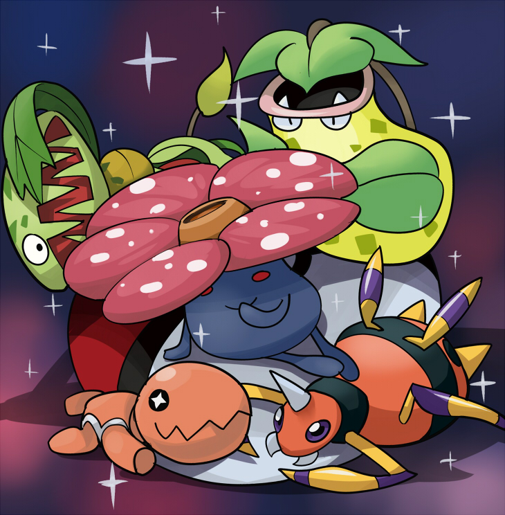 trapinch, vileplume, victreebel, ariados, carnivine, and 1 more (pokemon and 1 more) drawn by frostcyco