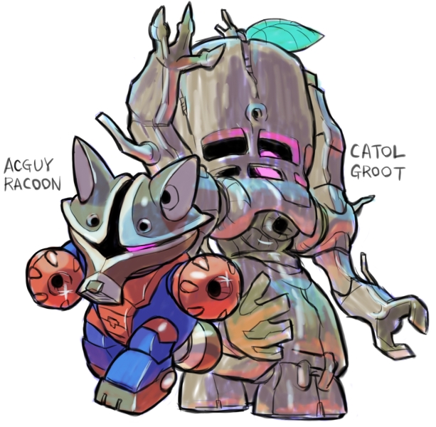 rocket raccoon, acguy, groot, and cattle (gundam and 6 more) drawn by aburaya_tonbi