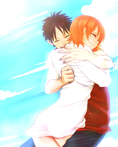nami and monkey d. luffy (one piece) drawn by hana_(interstice)