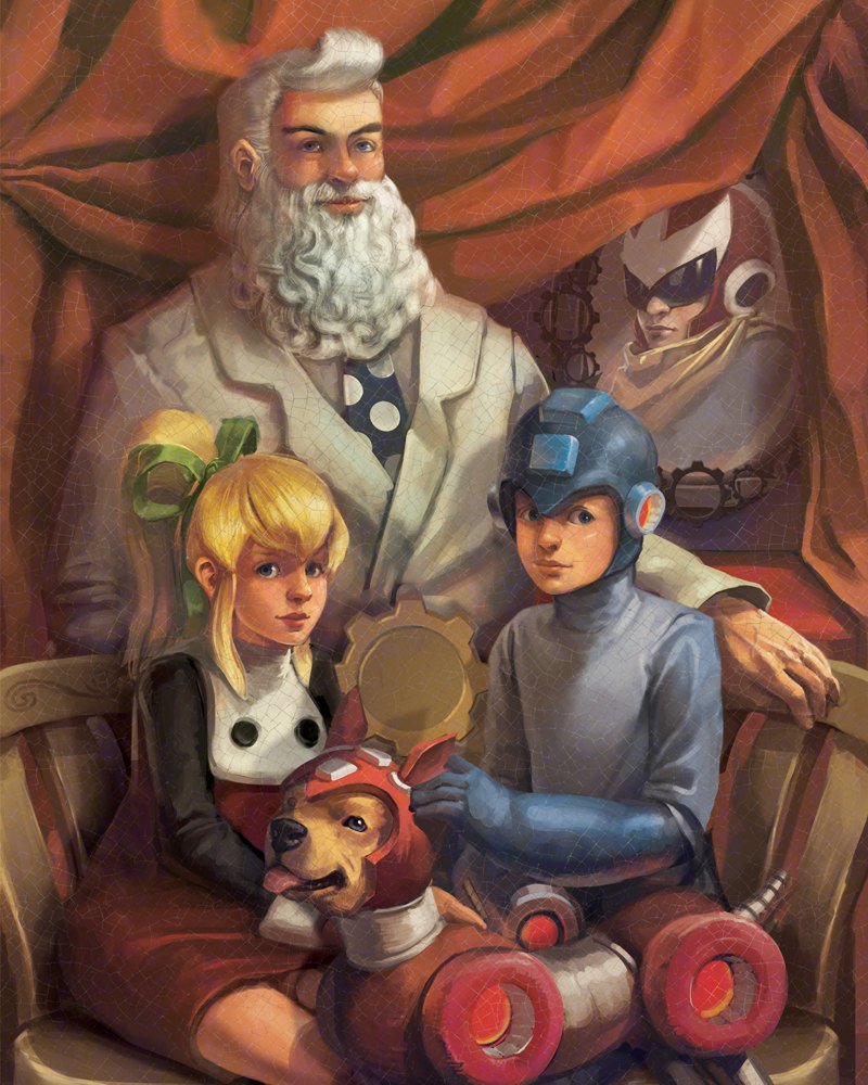 roll, mega man, proto man, rush, and dr. light (mega man) drawn by photia