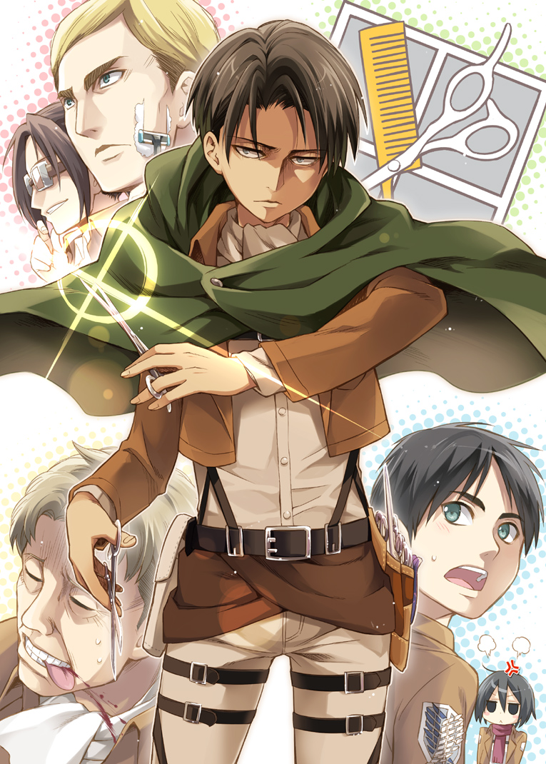 mikasa ackerman, eren yeager, levi, hange zoe, erwin smith, and 1 more (shingeki no kyojin) drawn by eretto