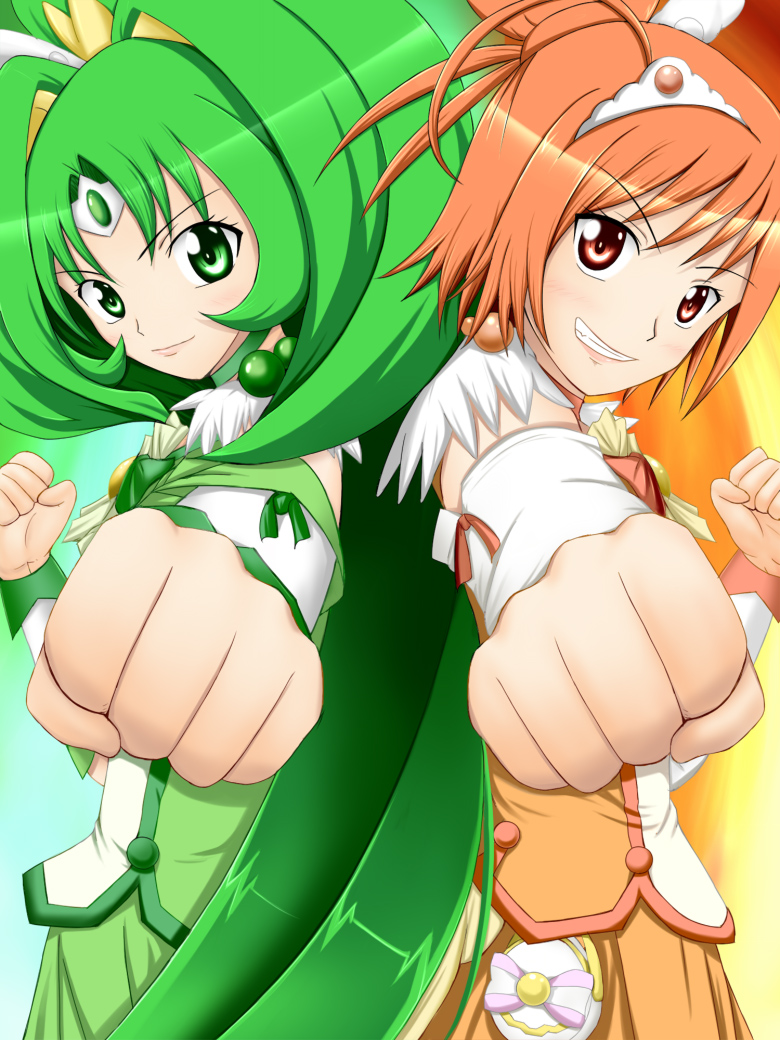 midorikawa nao, hino akane, cure march, and cure sunny (precure and 1 more) drawn by fuuma_nagi