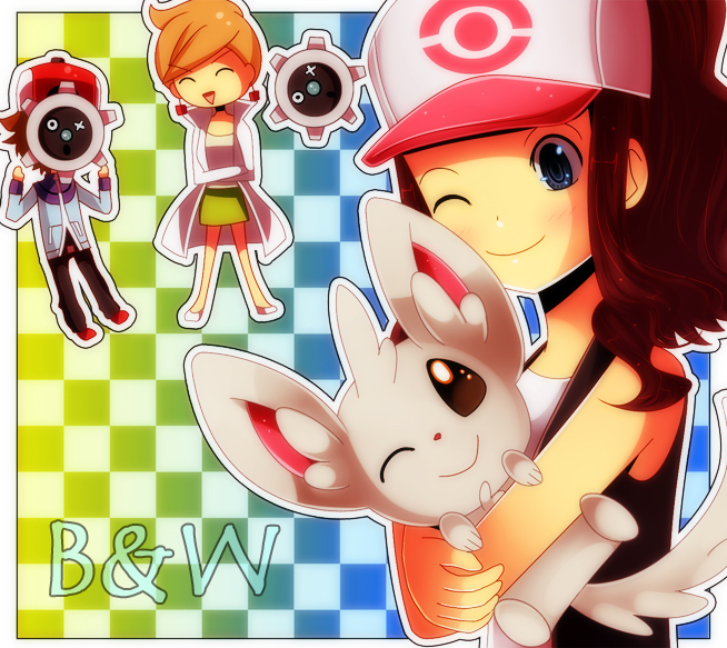 hilda, hilbert, minccino, professor juniper, and klink (pokemon and 1 more) drawn by akaifusen