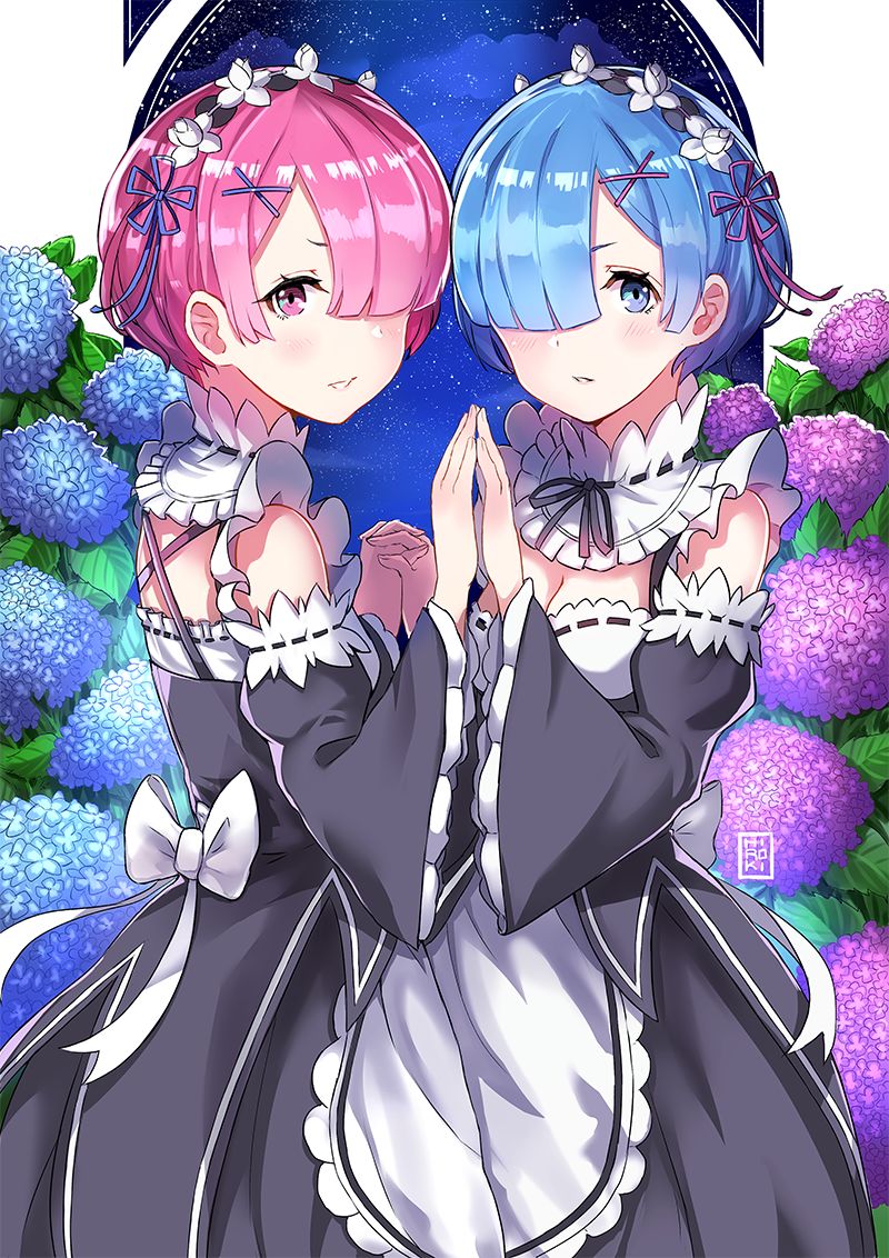 rem and ram (re:zero kara hajimeru isekai seikatsu) drawn by hiroki_(hirokiart)