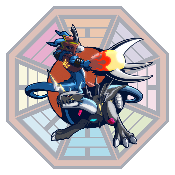 fladramon and lighdramon (digimon and 1 more) drawn by gerusyu