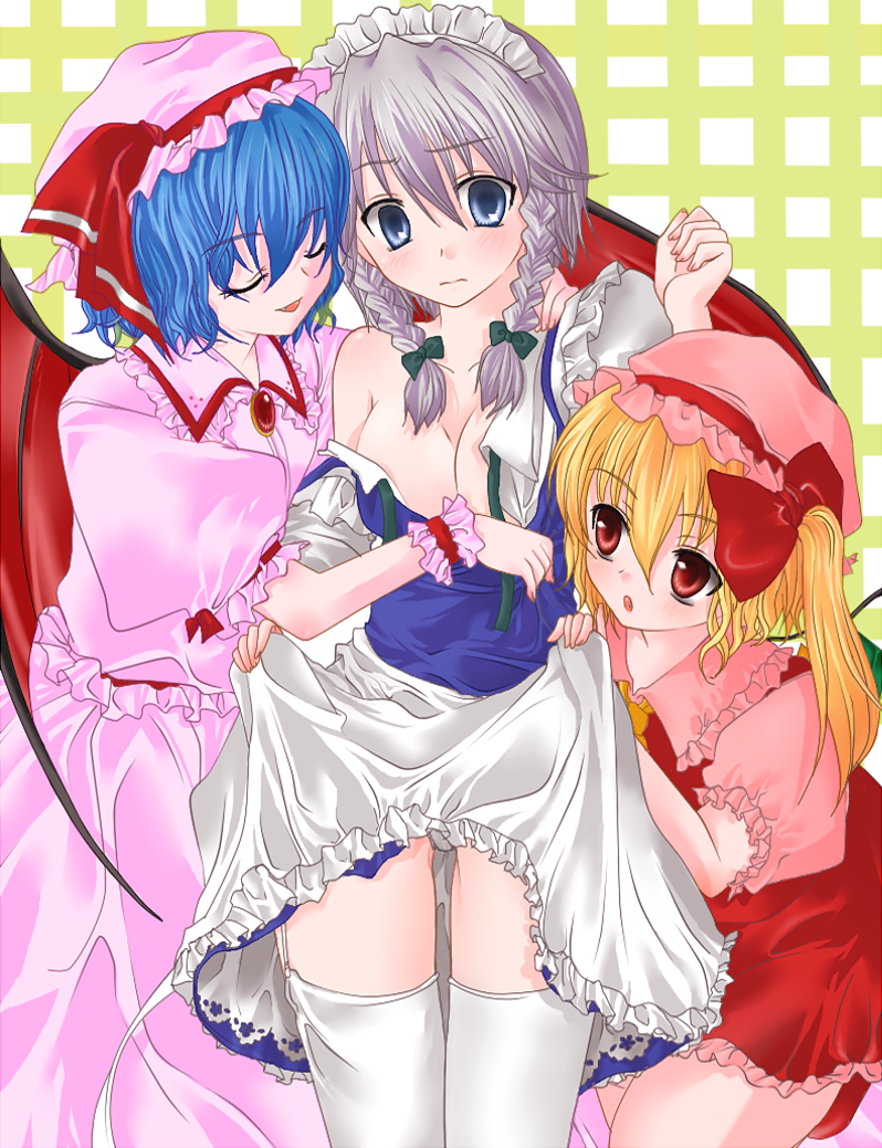 remilia scarlet, flandre scarlet, and izayoi sakuya (touhou) drawn by akamatumiki
