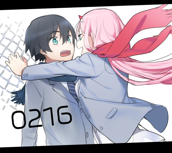 zero two and hiro (darling in the franxx) drawn by toma_(norishio)