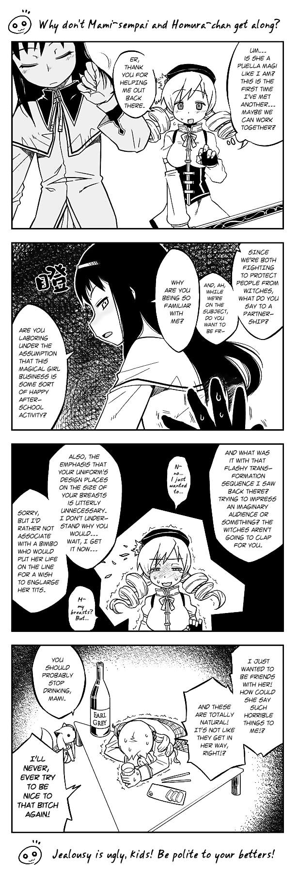 akemi homura, tomoe mami, and kyubey (mahou shoujo madoka magica) drawn by takatsu_keita