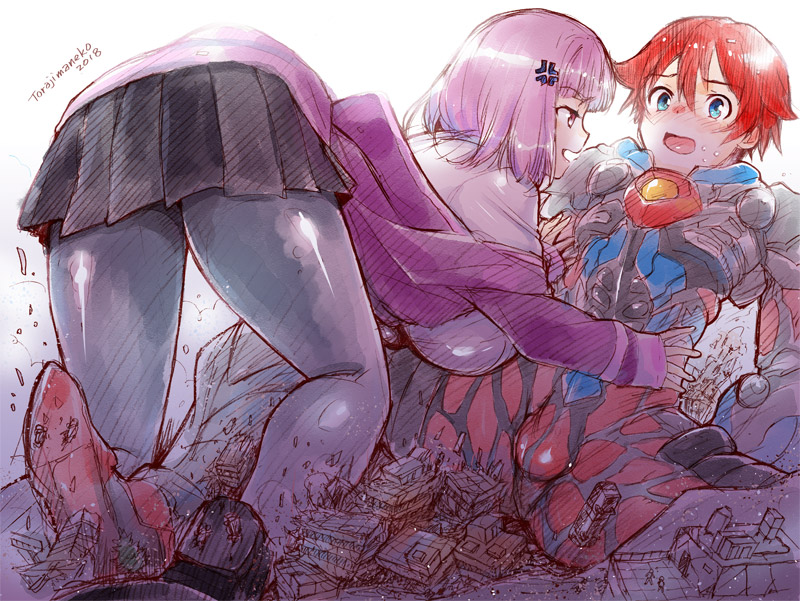 shinjou akane, hibiki yuuta, and gridman (gridman universe and 1 more) drawn by torajimaneko