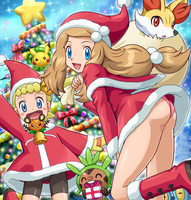 pikachu, serena, fennekin, dedenne, chespin, and 2 more (pokemon and 1 more) drawn by pokemoa