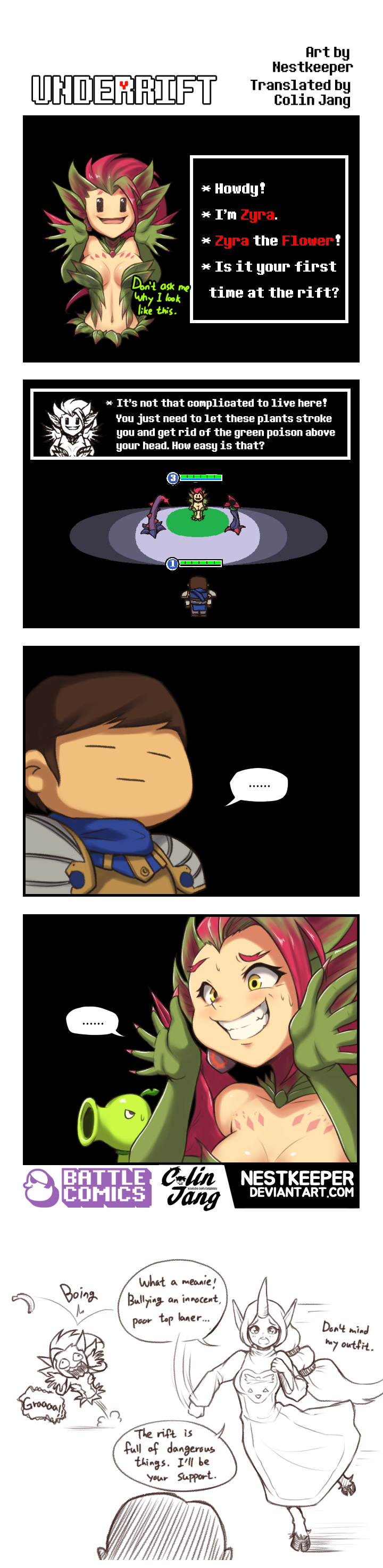 soraka, toriel, garen, zyra, and peashooter (league of legends and 2 more) drawn by nestkeeper