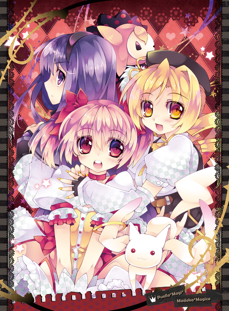 akemi homura, kaname madoka, tomoe mami, kyubey, and charlotte (mahou shoujo madoka magica) drawn by sana.c