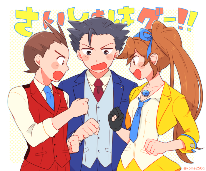 phoenix wright, apollo justice, and athena cykes (ace attorney and 1 more) drawn by mai8484