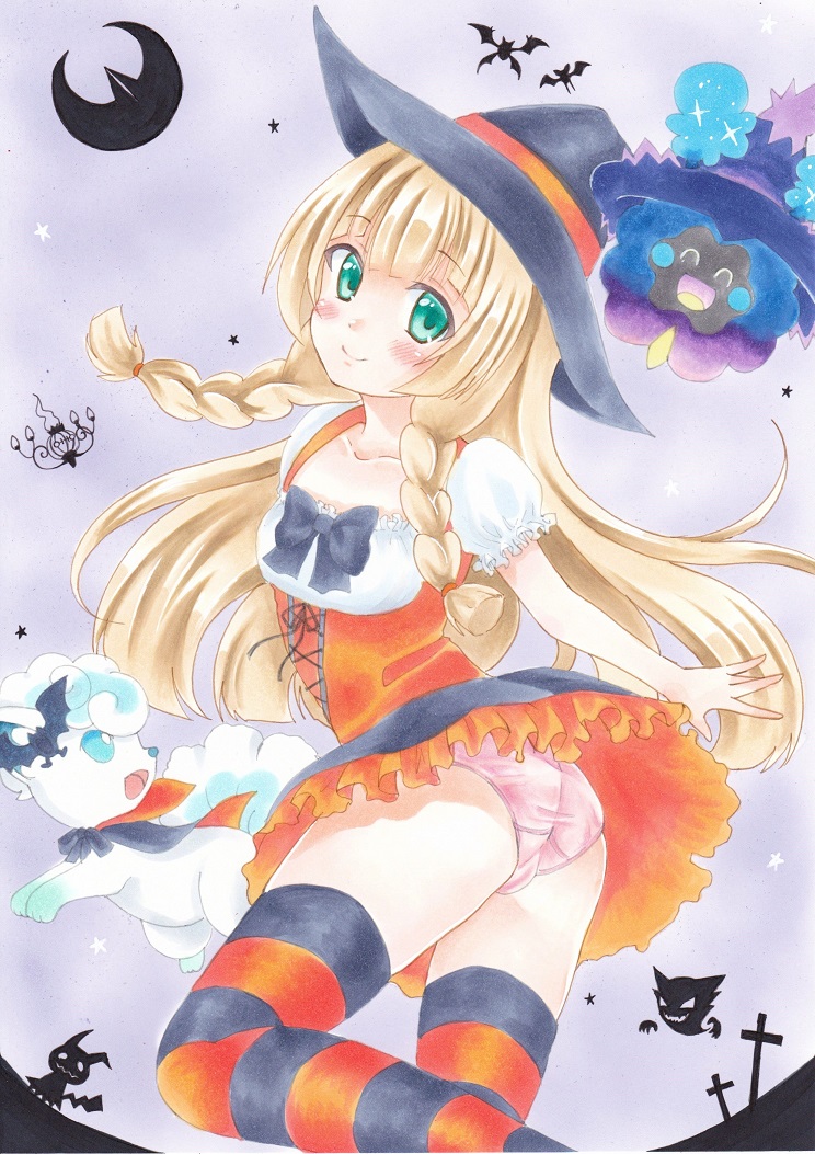 lillie, mimikyu, alolan vulpix, chandelure, cosmog, and 4 more (pokemon and 1 more) drawn by hachiko_(momo_haku_santa)