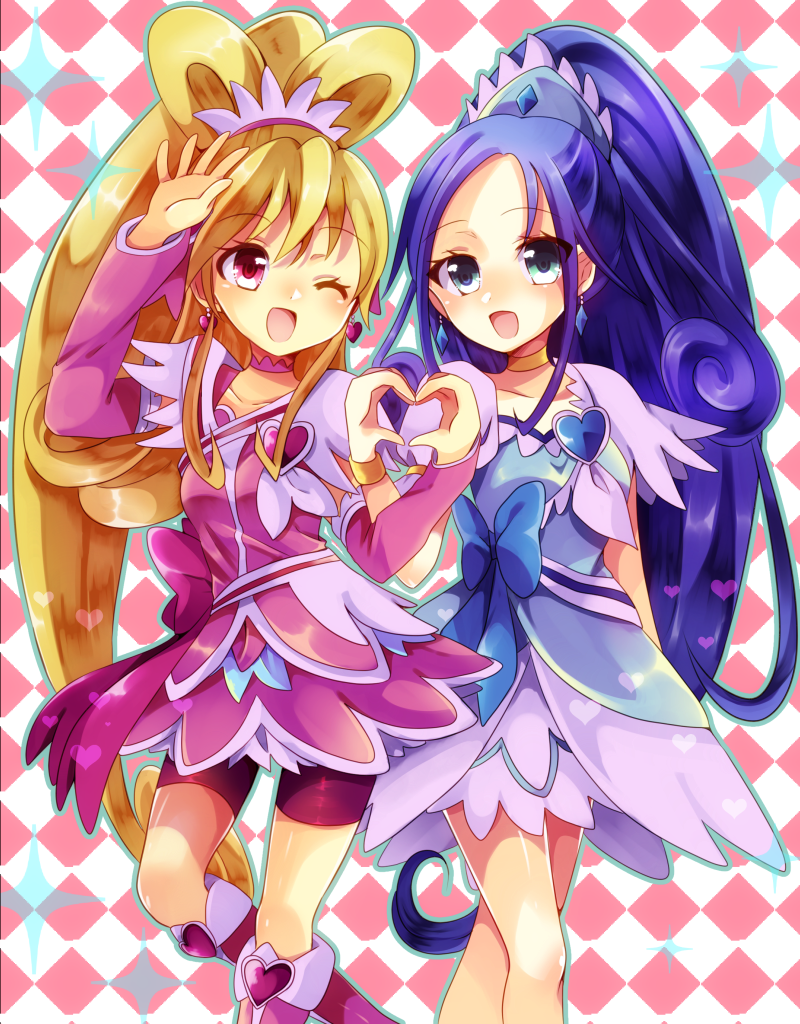 hishikawa rikka, aida mana, cure heart, and cure diamond (precure and 1 more) drawn by doroshii