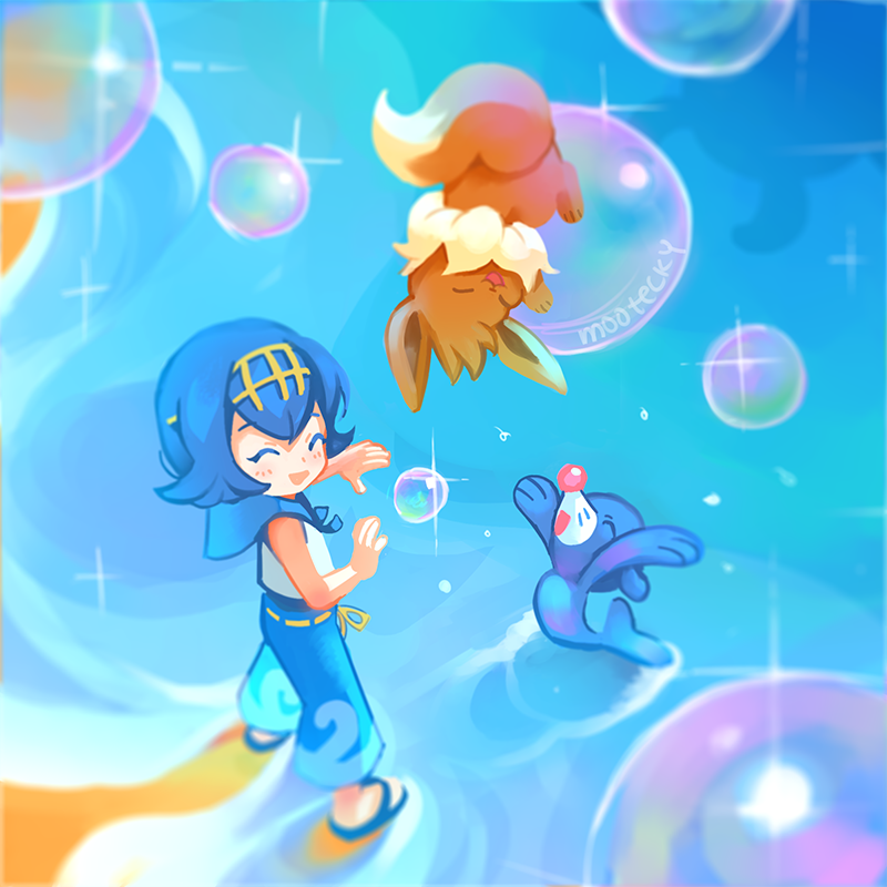 eevee, lana, and popplio (pokemon and 1 more) drawn by mootecky