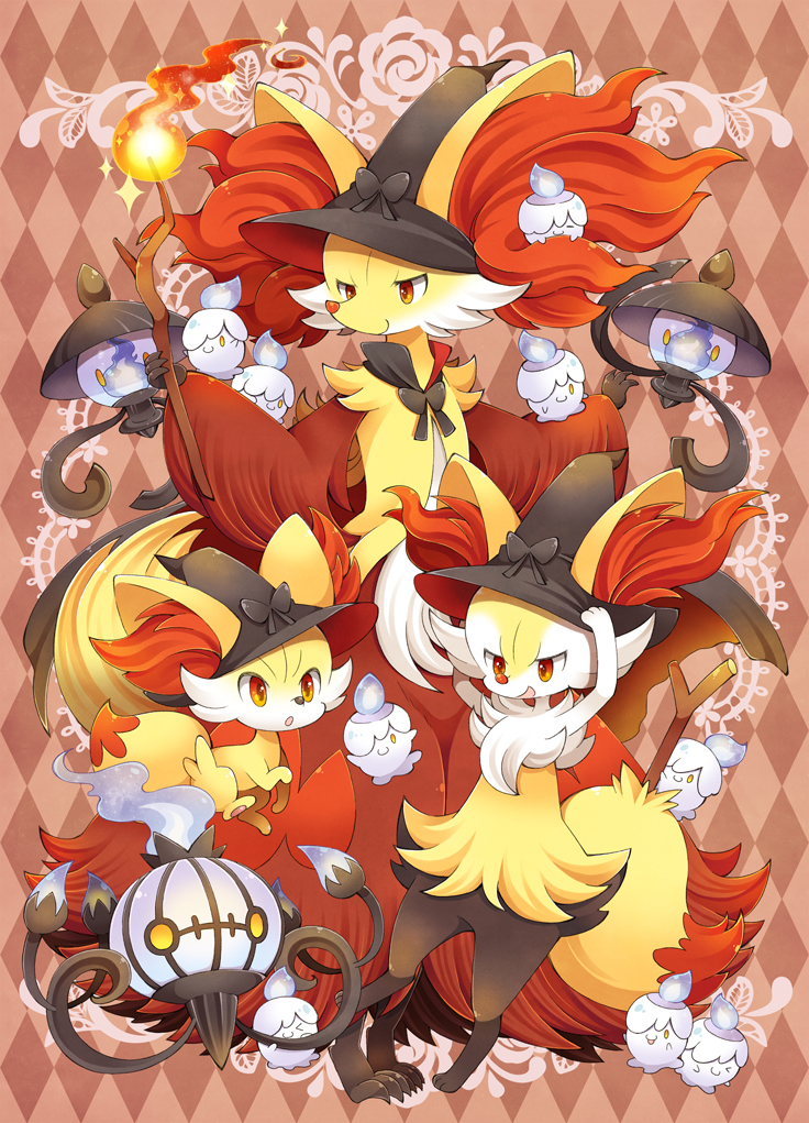 braixen, litwick, chandelure, fennekin, delphox, and 1 more (pokemon) drawn by uppi
