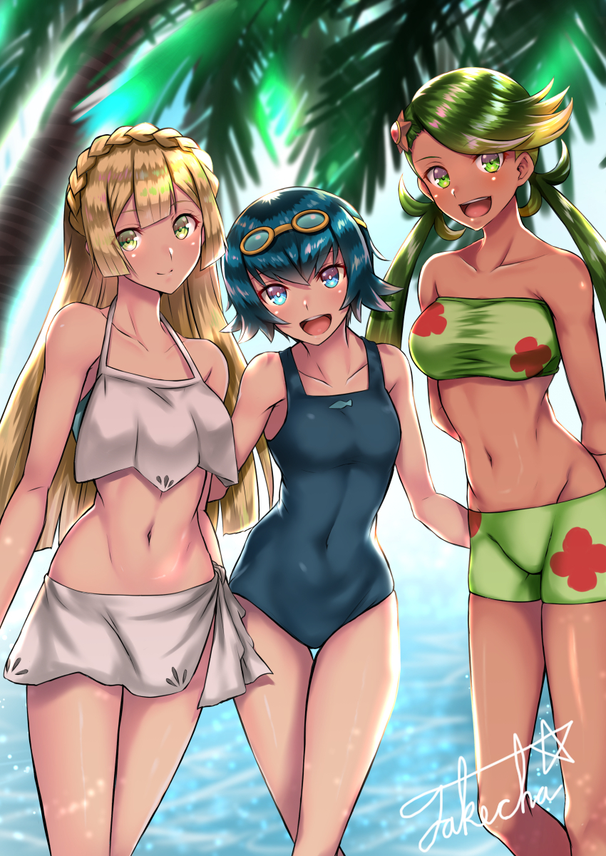 lillie, lana, mallow, and staryu (pokemon and 1 more) drawn by takecha