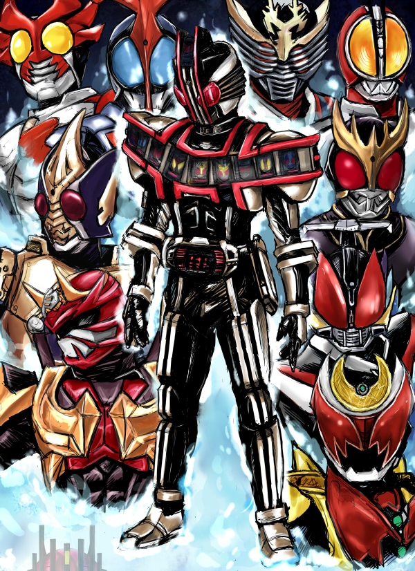 kamen rider kuuga, kamen rider decade, kamen rider faiz, kamen rider blade, kamen rider ryuki, and 6 more (kamen rider and 9 more) drawn by mougira