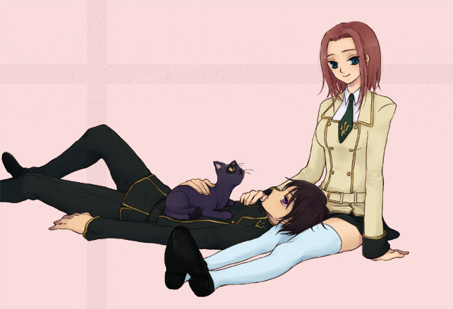 lelouch vi britannia, kouzuki kallen, and arthur (code geass) drawn by plum_(arch)