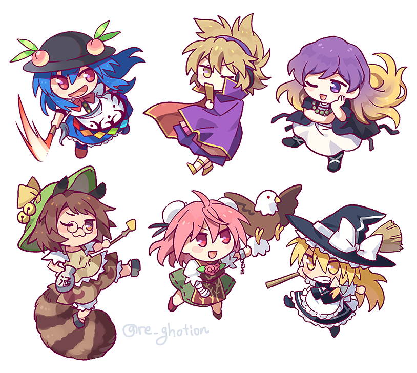 kirisame marisa, hinanawi tenshi, hijiri byakuren, toyosatomimi no miko, ibaraki kasen, and 1 more (touhou and 1 more) drawn by re_ghotion
