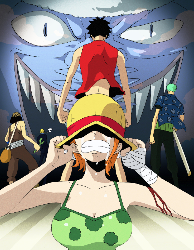 nami, monkey d. luffy, roronoa zoro, sanji, usopp, and 1 more (one piece) drawn by kyakya