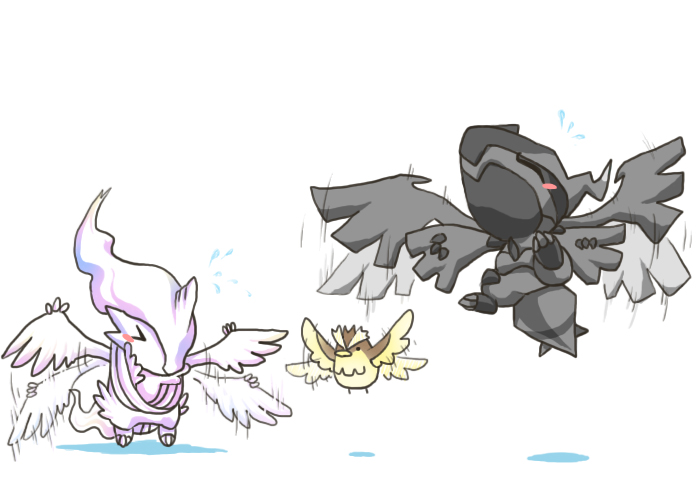 reshiram, zekrom, and pidgey (pokemon and 1 more) drawn by paro_(sorageshiki)