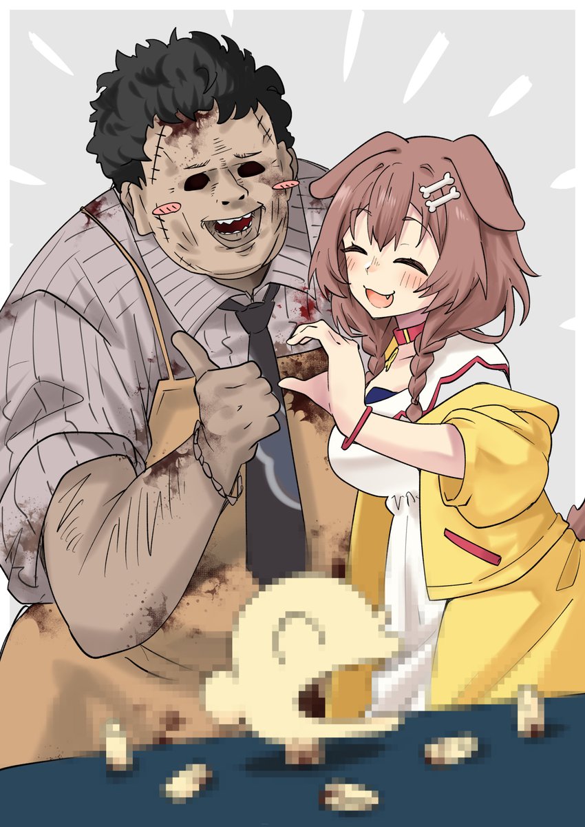 inugami korone, listener, and leatherface (hololive and 1 more) drawn by nakiusagi
