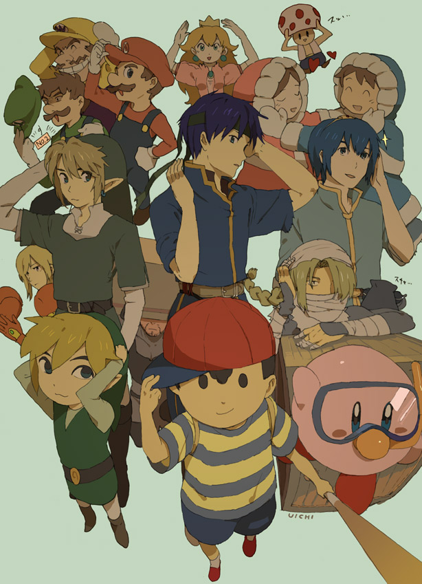 link, kirby, princess peach, samus aran, mario, and 11 more (fire emblem and 14 more) drawn by uichi