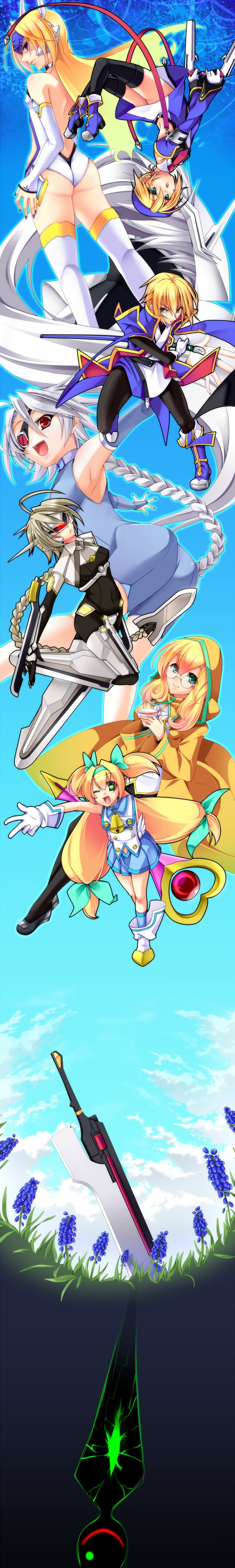 noel vermillion, nu-13, jin kisaragi, platinum the trinity, lambda-11, and 4 more (blazblue) drawn by sayo_wini