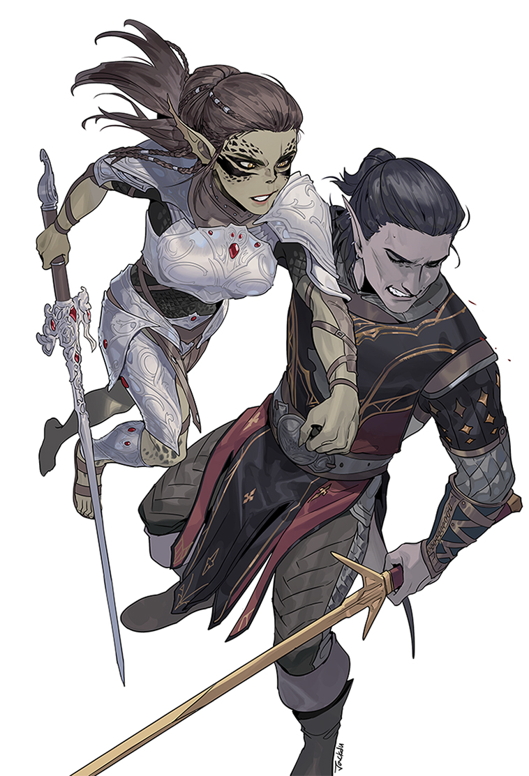 tav and lae'zel (dungeons & dragons and 2 more) drawn by byuub