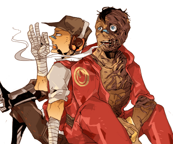 pyro, red pyro, scout, and red scout (team fortress 2) drawn by 22_(tak_ja)