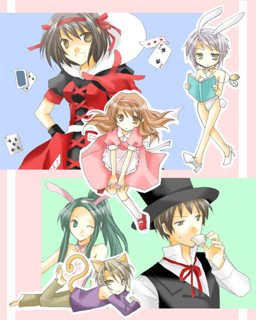 suzumiya haruhi, nagato yuki, asahina mikuru, kyon, alice, and 5 more (suzumiya haruhi no yuuutsu and 1 more) drawn by 603_(lolipop)