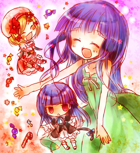 furude rika, frederica bernkastel, and lambdadelta (higurashi no naku koro ni and 1 more) drawn by midori-neko