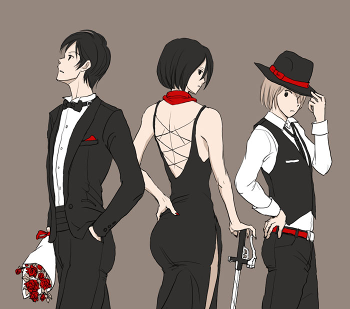 mikasa ackerman, eren yeager, and armin arlert (shingeki no kyojin) drawn by yappo_(point71)