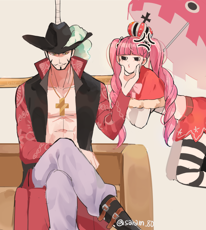 perona and dracule mihawk (one piece) drawn by joman