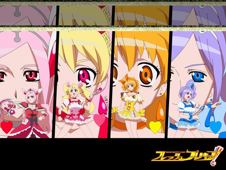 higashi setsuna, momozono love, cure peach, yamabuki inori, aono miki, and 3 more (precure and 3 more)