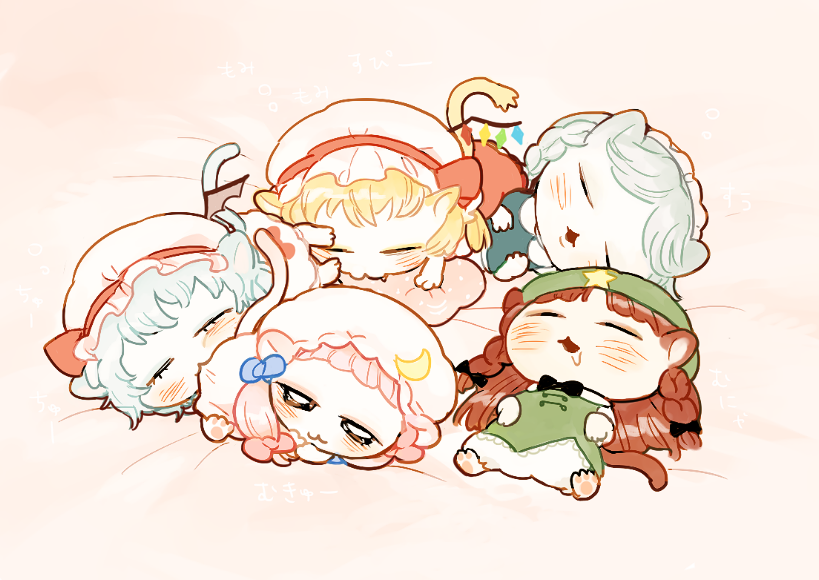 remilia scarlet, flandre scarlet, izayoi sakuya, patchouli knowledge, and hong meiling (touhou) drawn by mori_(p_ap)