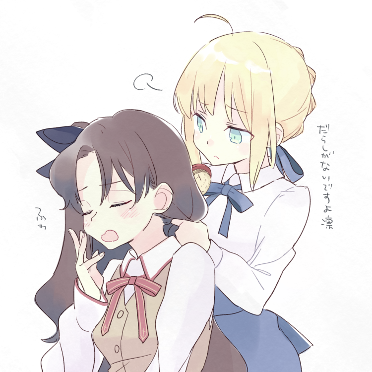 artoria pendragon, saber, and tohsaka rin (fate and 1 more) drawn by 87banana