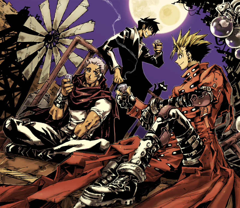 vash the stampede, nicholas d. wolfwood, and livio the doublefang (trigun and 1 more) drawn by asato