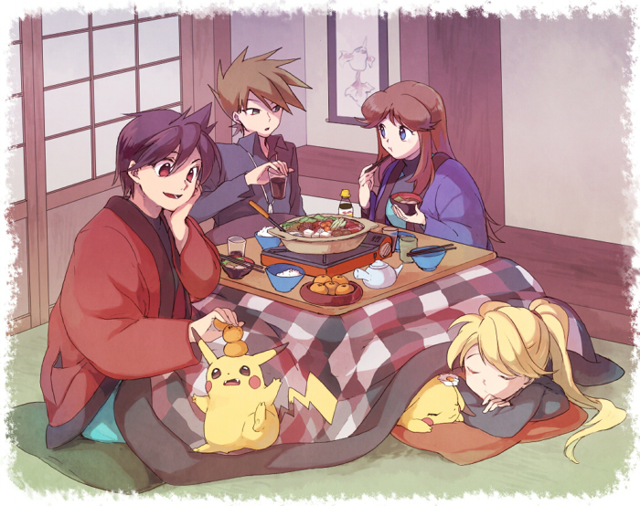 pikachu, red, blue oak, green, yellow, and 2 more (pokemon and 1 more) drawn by yui_ko